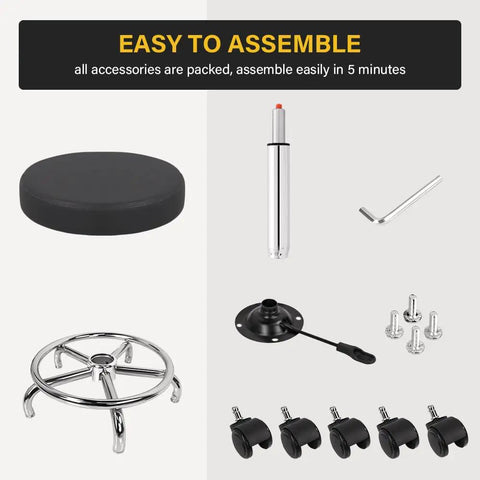 Round Rolling Stool With Footrest In PU Leather, Height Adjustable 360 Degree Swivel Office Chair On Wheels, assembly parts.