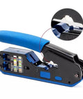 Pro Grade All In One Ethernet Crimp Tool Kit For RJ45 Cat5e Cat6 Pass Through Connectors shown with close-up on cutting blade.
