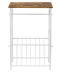 Front view of White Metal Bathroom Organizer With Scrollwork And Wood Top Shelf Magazine Basket And Towel Storage Stand