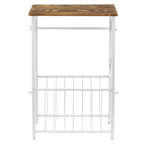 Front view of White Metal Bathroom Organizer With Scrollwork And Wood Top Shelf Magazine Basket And Towel Storage Stand