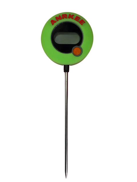 Glow In The Dark HVAC Digital Thermometer with green round UV activated cover, foldable LCD display, and probe tip protector.