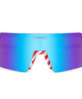 Polarized Sports Sunglasses for Cycling and MTB Riding with UV400 Protection, lightweight USA flag frame, blue lens front view