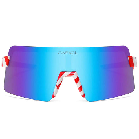 Polarized Sports Sunglasses for Cycling and MTB Riding with UV400 Protection, lightweight USA flag frame, blue lens front view