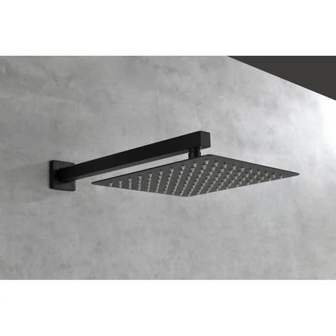 10-inch rainfall shower head attachment for shower system, designed for wide even water coverage in black finish.