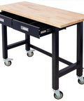 48 Inch Heavy Duty Mobile Workbench With 2 Drawers Solid Rubber Wood Top Rolling Garage Table With Locking Casters Steel