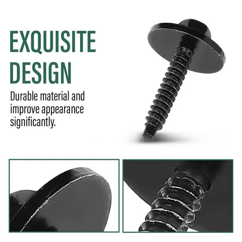 Close-up of Fender Liner Bolts Kit 10 Pieces Torx Pan Head Screws For Chevy Silverado GMC Sierra Yukon Cadillac Escalade Buick Regal 2008 Through 2021 GM Vehicles Durable Auto Fasteners showing black screw design.