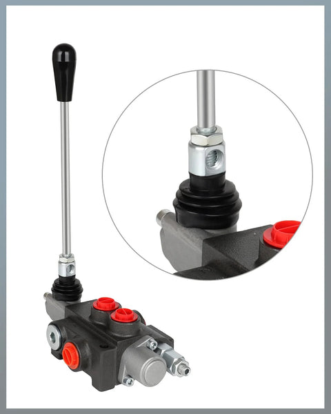 1-spool hydraulic flow control valve with lever handle mounted on black valve body with red port caps