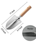 Built To Last Stainless Steel Garden Shovel with Ergonomic Wooden Handle, 11-inch length, anti-slip spade detailed with dimensions.