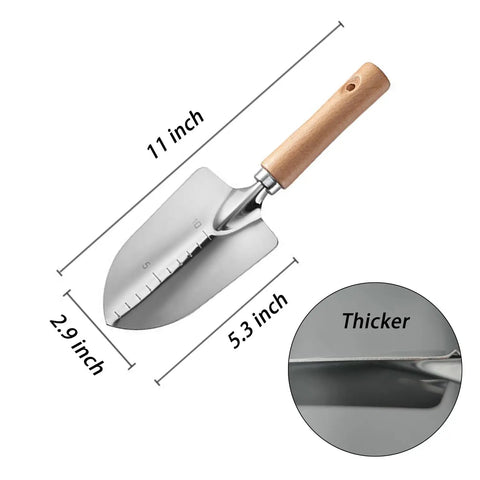 Built To Last Stainless Steel Garden Shovel with Ergonomic Wooden Handle, 11-inch length, anti-slip spade detailed with dimensions.