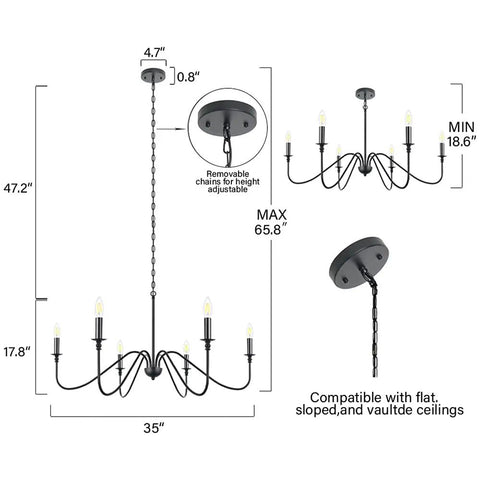 Diagram of Six Light Farmhouse Chandelier Matte Black Classic Candle Ceiling Fixture For Dining Room Living Room Kitchen