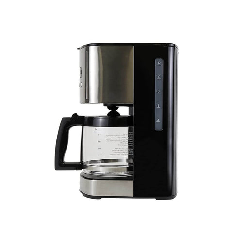 Side view of 12 Cup Programmable Drip Coffee Maker with Glass Carafe No Mess Auto Shut Off Pause And Serve Large Water Reservoir Reusable Gold Tone Filter Carbon Filter Keeps Coffee Warm Black Kitchen Appliance