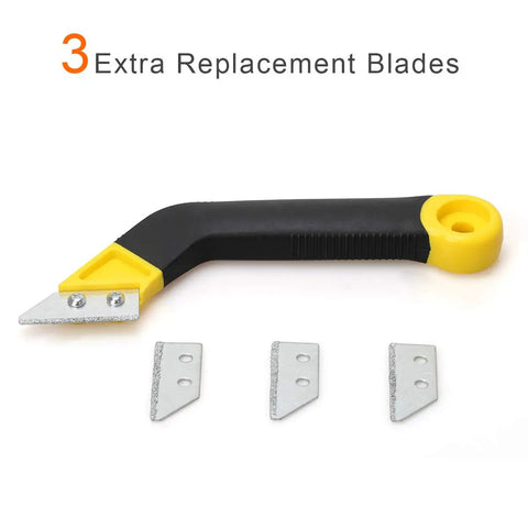 Grout Removal Tool Kit With Angled Saw Blade And 3 Extra Replacement Blades in bright yellow and black handle