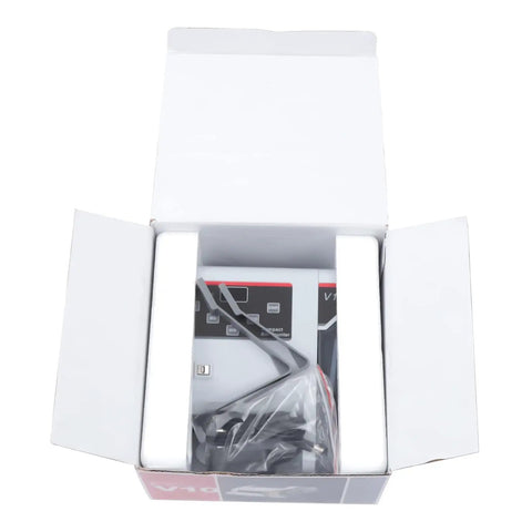 Mini Portable Money Counter Machine unboxed with digital display and accessories inside shipping box.