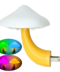 Plug-in Mushroom Sensor Night Light With Auto Dusk To Dawn Glow, 7 Color Changing LED Lamp, shown in various colors.