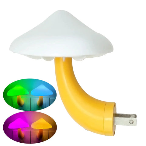 Plug-in Mushroom Sensor Night Light With Auto Dusk To Dawn Glow, 7 Color Changing LED Lamp, shown in various colors.