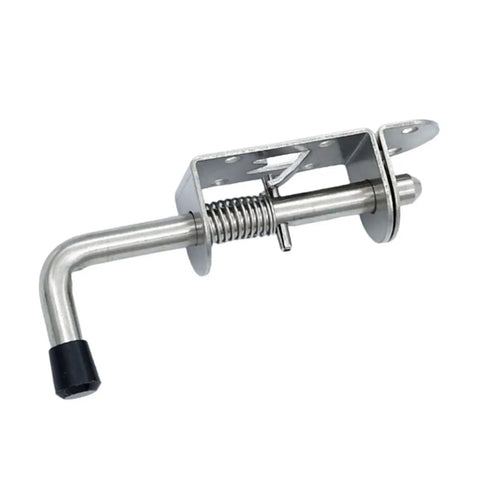 Keyless Spring Latch for Barn and Garage, stainless steel build, 15cm x 10cm x 4cm size, durable spring mechanism.