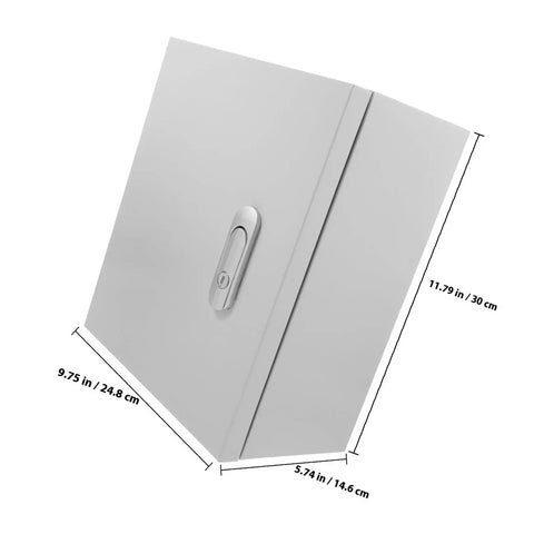 Outdoor Weatherproof Power Distribution Box 25x30x14 cm with plastic lock and dimensions, front view of electrical junction box for RV panel.