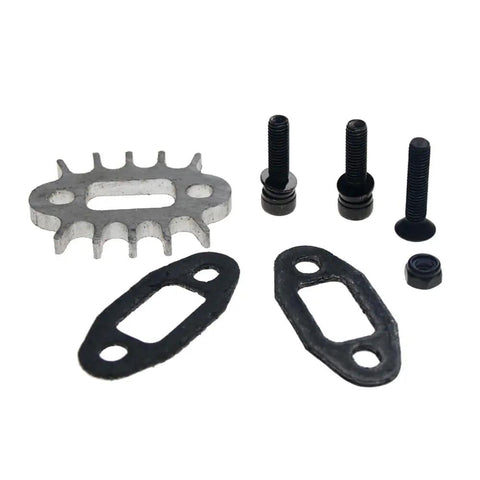 High Performance Exhaust Pipe Gasket Kit For 23cc To 36cc RC Engines, Tuned Pipe Gasket Set For One Fifth Scale HPI Rovan Losi Baja RC Cars, Beef Up Power And Speed On The Track With Easy Install And Durable Construction showing metal and rubber components with fastening screws