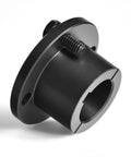 Angled side view of black steel 1-inch bore H-style pulley bushing with flange and spring-loaded screw