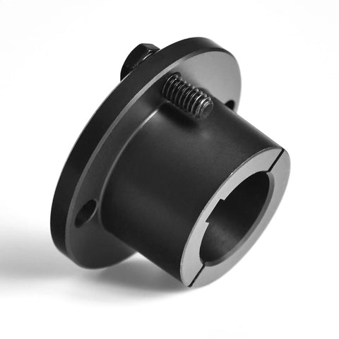 Angled side view of black steel 1-inch bore H-style pulley bushing with flange and spring-loaded screw