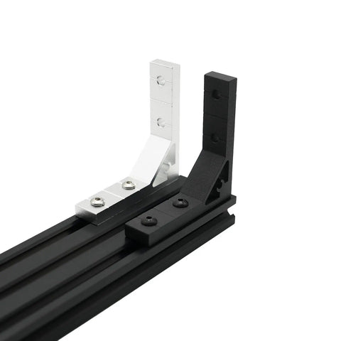Beefy Heavy Duty Corner Brackets 4 Pack 78x78mm Inside Gusset for 2020 Aluminum Extrusion, black and silver brackets assembled.