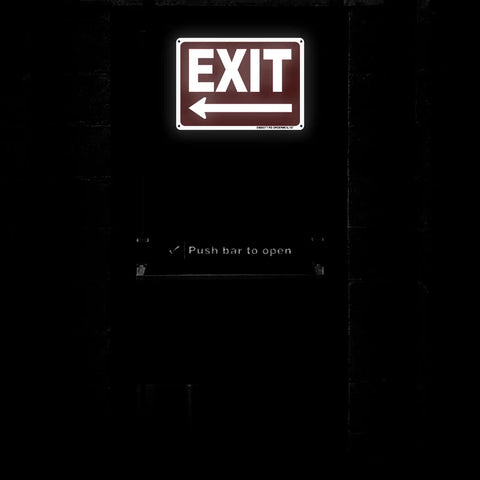 No Hassle Installation Heavy Duty Exit Signs With Left Arrow 10X7 Inch Fade Resistant Aluminum Safety Plaque Indoor Outdoor Wall Mounted Code Compliant.