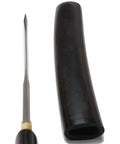 Side view of Hand Forged Japanese Tanto Short Sword with ebony sheath, showcasing the blade edge and sheath opening.