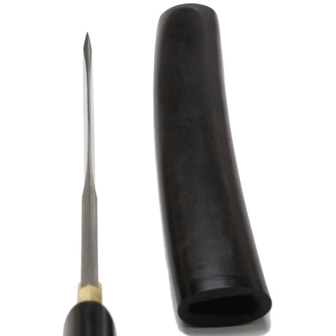 Side view of Hand Forged Japanese Tanto Short Sword with ebony sheath, showcasing the blade edge and sheath opening.