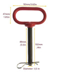 Two Pack Half Inch Clevis Hitch Pin With Clip Four Inch Long Metal Alloy Steel Trailer Hitch Pin with red rubber handle and measurements.