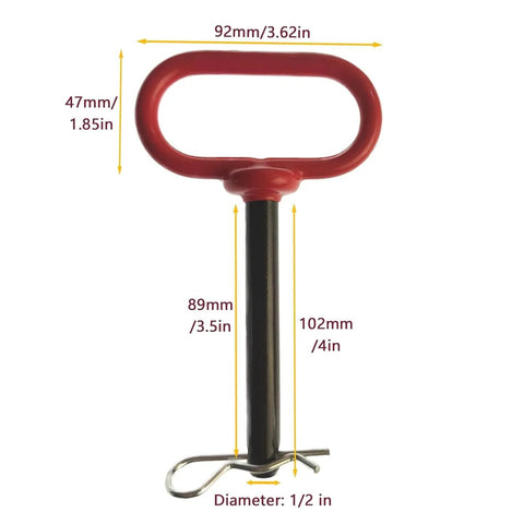 Two Pack Half Inch Clevis Hitch Pin With Clip Four Inch Long Metal Alloy Steel Trailer Hitch Pin with red rubber handle and measurements.