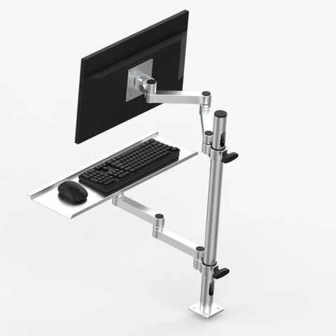 Slick Dual Monitor And Keyboard Mount With Articulating Arm Pole, heavy duty adjustable stand, steel, ergonomic workstation setup.