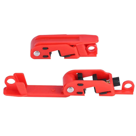 Lockout Tagout Circuit Breaker Lock for Standard Single and Double Toggles Pack of 12 Heavy Duty Pro Grade Durable Polypropylene and Nylon for 12mm or Smaller Toggle Bars red breaker lockouts shown open and closed