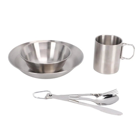 Outdoor Camping Utensil Set With 304 Stainless Steel Cutlery Thickened Cup Bowl And Plate Double Layer Vacuum Cup Lightweight 546g Mess Kit