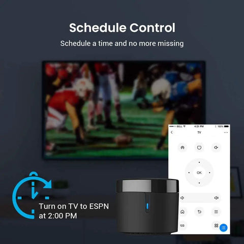 Smart IR Hub With Sensor Cable, WiFi Infrared Blaster controlling TV with schedule control interface, showcasing sports program