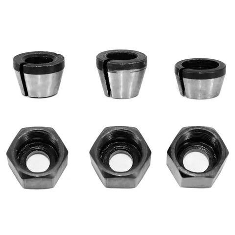 Six Piece Router Bit Collet Chuck Set with 6mm 6.35mm 8mm collets and nuts for drills engraving trimming carving electric routers.