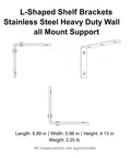 Diagram of stainless steel L shaped shelf brackets heavy duty wall mount supports for floating shelves, with dimensions.