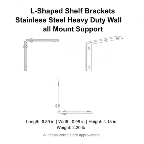 Diagram of stainless steel L shaped shelf brackets heavy duty wall mount supports for floating shelves, with dimensions.