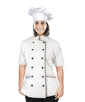 Womens Short Sleeve Chef Coat With Matching Velcro Hat And Smooth Poly Cotton Blend Total Game Changer Fit For Caterers Bakers And Kitchen Crew White Xxl, displayed by smiling woman.