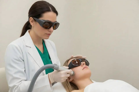 Top Shelf OD7 Laser Protection Safety Glasses For 532nm 755nm 1064nm worn by clinician during laser treatment on client.
