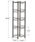 Five Gallon Water Jug Holder With Five Tier Heavy Duty Brown Rack Freestanding Bottle Organizer with dimensions shown.
