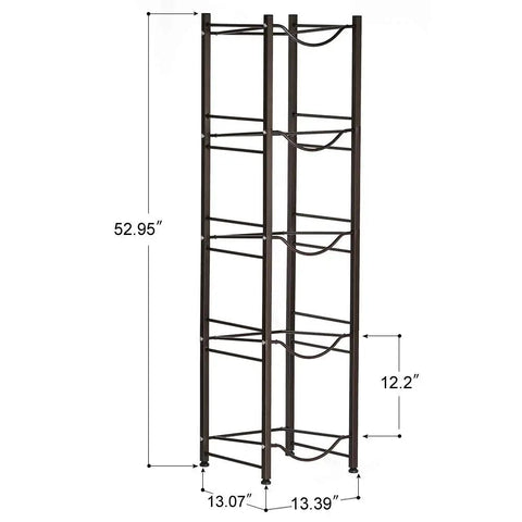 Five Gallon Water Jug Holder With Five Tier Heavy Duty Brown Rack Freestanding Bottle Organizer with dimensions shown.