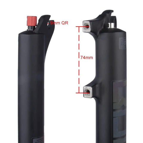 Close-up of Beefed Up Front Mountain Bike Fork Air Suspension showing 9mm QR and 74mm dimensions for various wheel sizes.