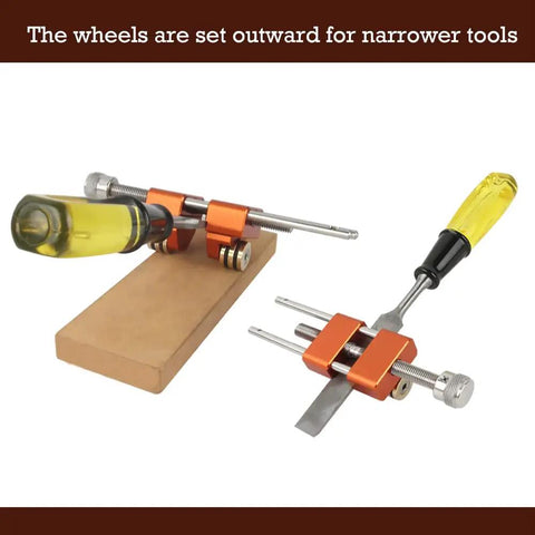 Honing Guide Sharpening Jig For Chisels And Planes With Reversible Wheel Mounting For Precise Honing in workshop setup.