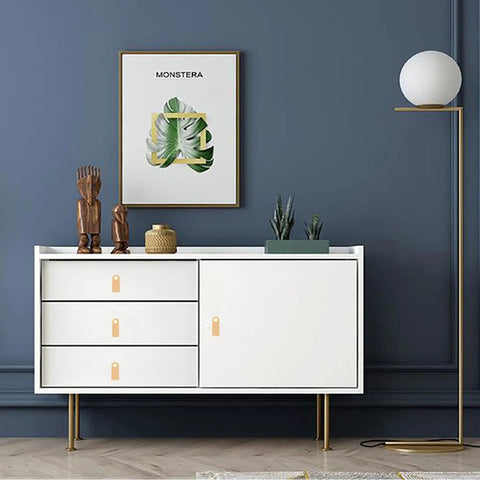 White cabinet with Six Pack Leather Drawer Pulls For Dresser And Cabinet Soft Leather Knobs Khaki Color in modern room setting.