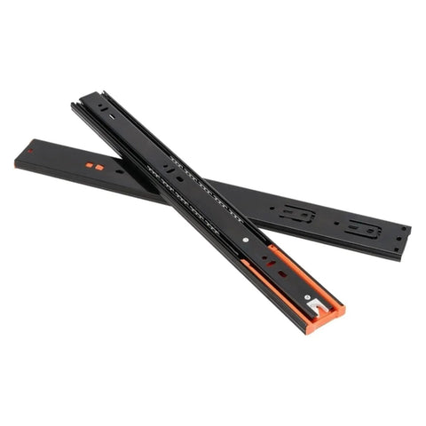 Heavy Duty Undermount Drawer Slides Two Pack Bottom Mounted Concealed Metal Cabinet Hardware Dead Smooth Glide Tracks showing black metal tracks with orange details.