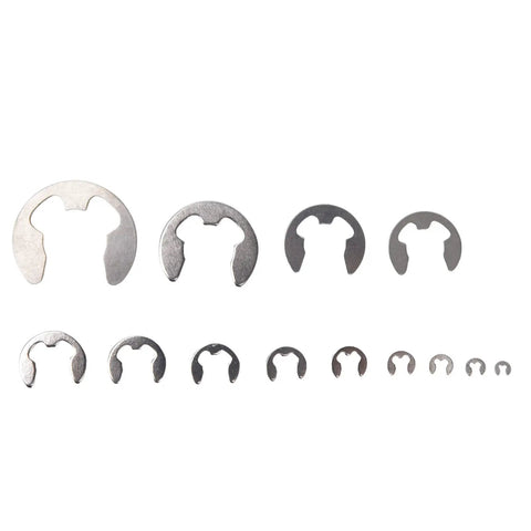 Stainless Steel Retaining Ring Kit 400 Pcs Assortment 1.5mm To 15mm For Bearings Gears Pulleys Axles Transmission Shafts Great For DIY Home And Auto Repairs with visible E clips of various sizes