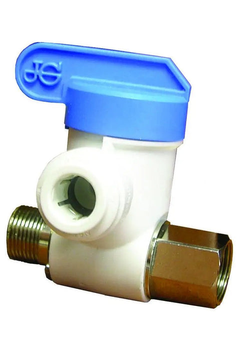Push to Connect Angle Stop Adapter Valve Three Eighths Inch to Three Eighths Inch to One Quarter Inch plastic fitting