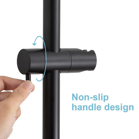 Close-up of matte black Shower Slide Bar 28 Inch Adjustable Distance From 19 To 27 Inches With 360 Degree Rotating Handheld Shower Head Holder