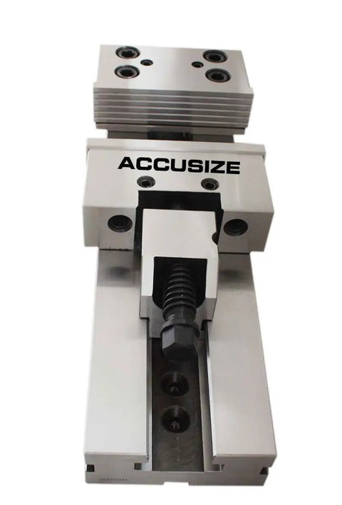 6 By 8 Inch Cnc Machine Vise System With Matched Bases And 0.0004 Inch Tolerance forged steel body top view showing clamping mechanism.