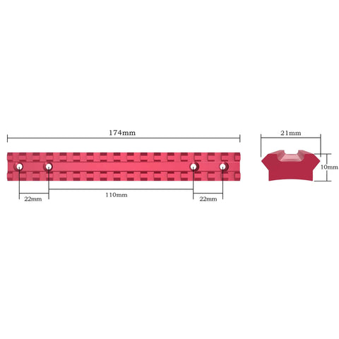 Diagram of Red Picatinny Rail Mount for Savage Axis series rifles with dimensions, lightweight 6061 aluminum